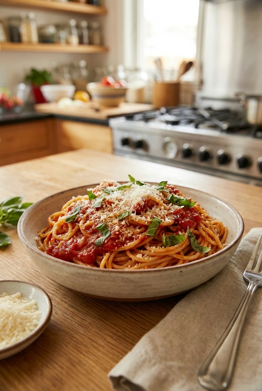 A bowl of spaghetti tossed in marinara sauce with grated Parmesan and torn basil on top on a kitchen table