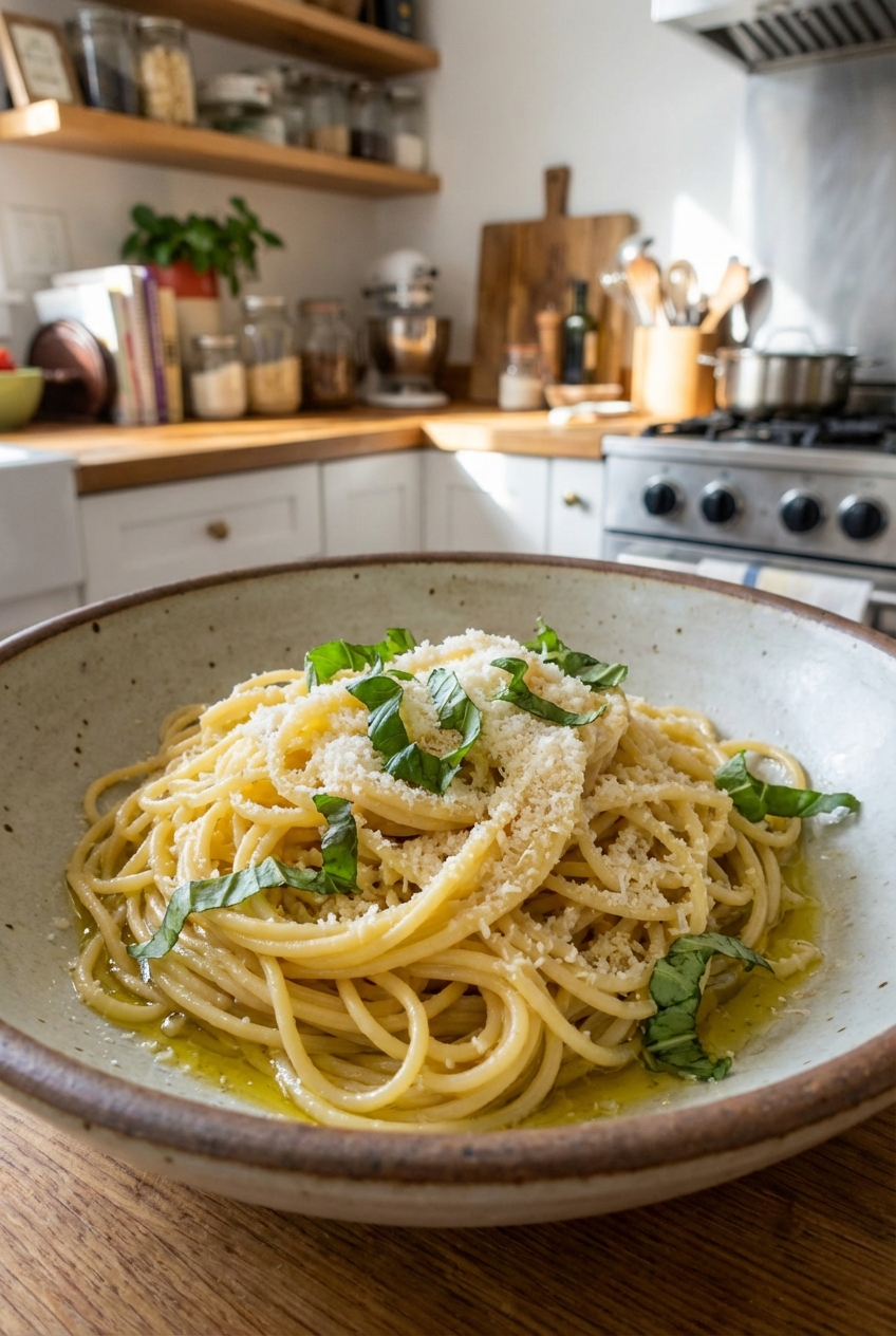 A bowl of spaghetti tossed with olive oil, Parmesan, and basil