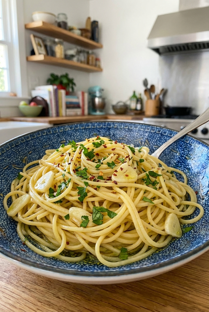 A bowl of spaghetti tossed with olive oil, garlic, and parsley