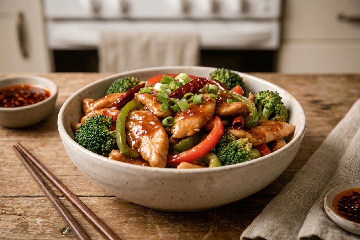 A bowl of spicy Hunan chicken with glossy red-brown sauce, sliced chicken, bell peppers, and broccoli on a wooden table with chopsticks