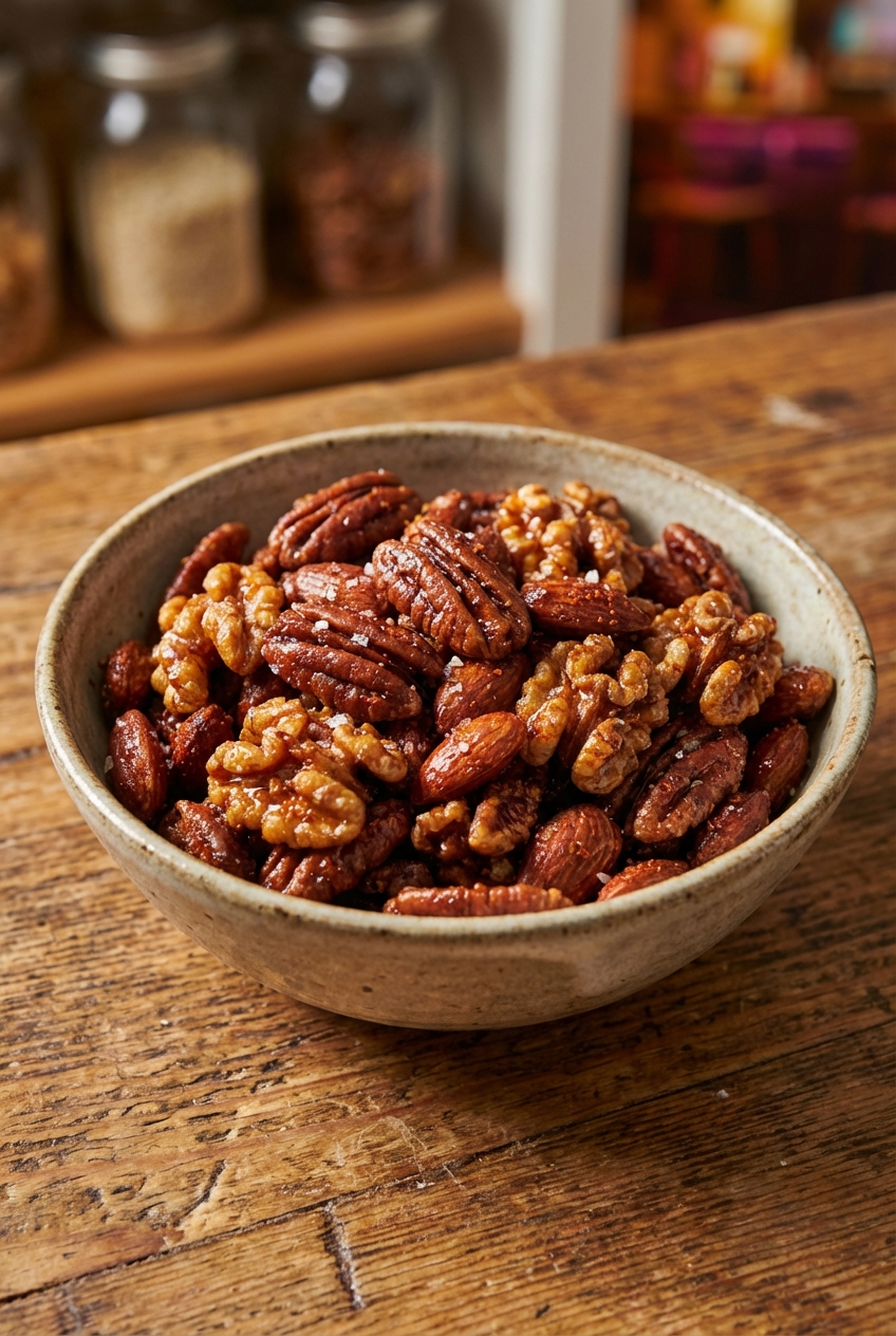 A bowl of spicy candied nuts on a wooden table
