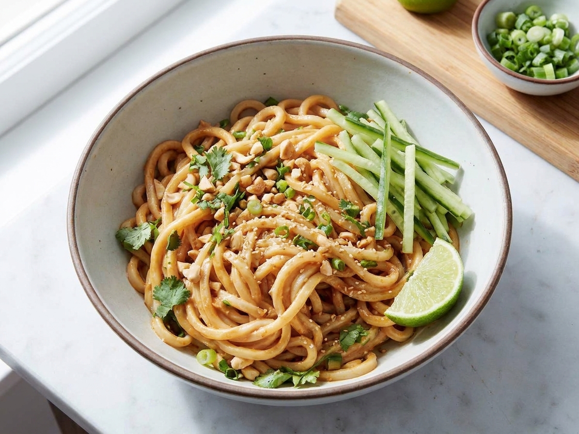 A bowl of spicy peanut noodles topped with sliced scallions, sesame seeds, and crunchy cucumber on a light kitchen table