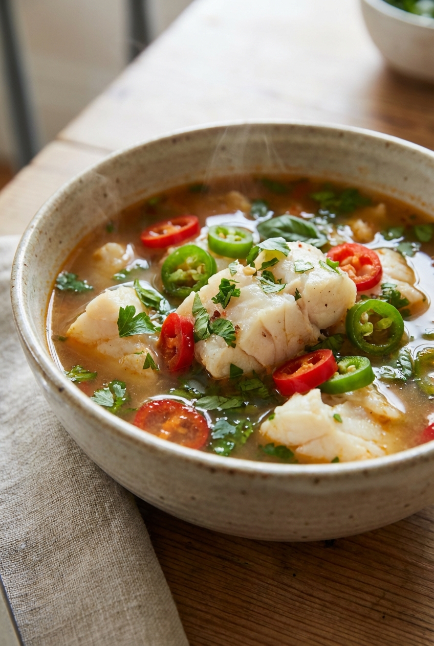 A bowl of spicy pepper soup with fish and herbs