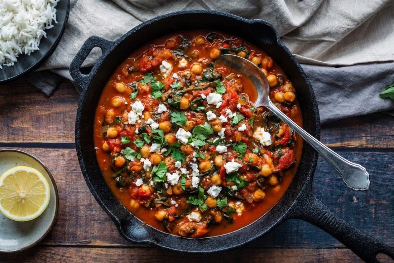 A bowl of spinach and chickpeas in tomato sauce topped with feta and herbs on a dinner table with a spoon and a lemon wedge