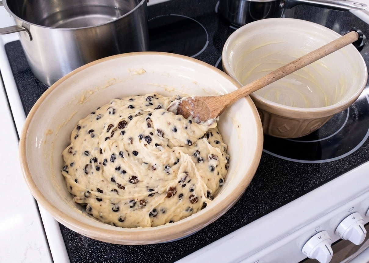 A bowl of spotted dick pudding dough with currants mixed through, ready to be spooned into a greased basin