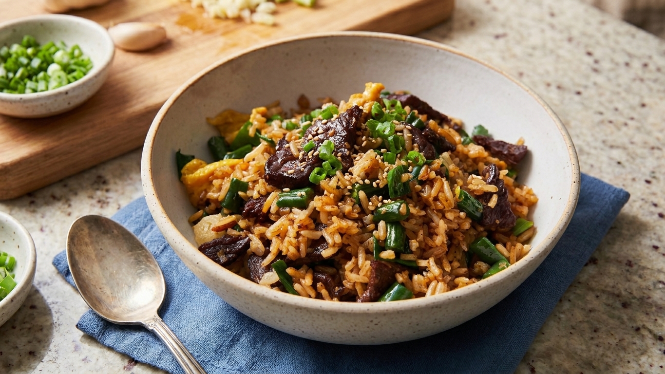 A bowl of steak fried rice topped with scallions and sesame seeds