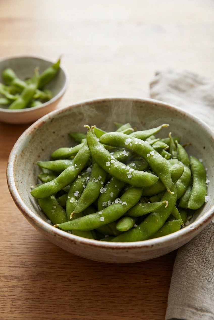 A bowl of steamed edamame sprinkled with flaky salt