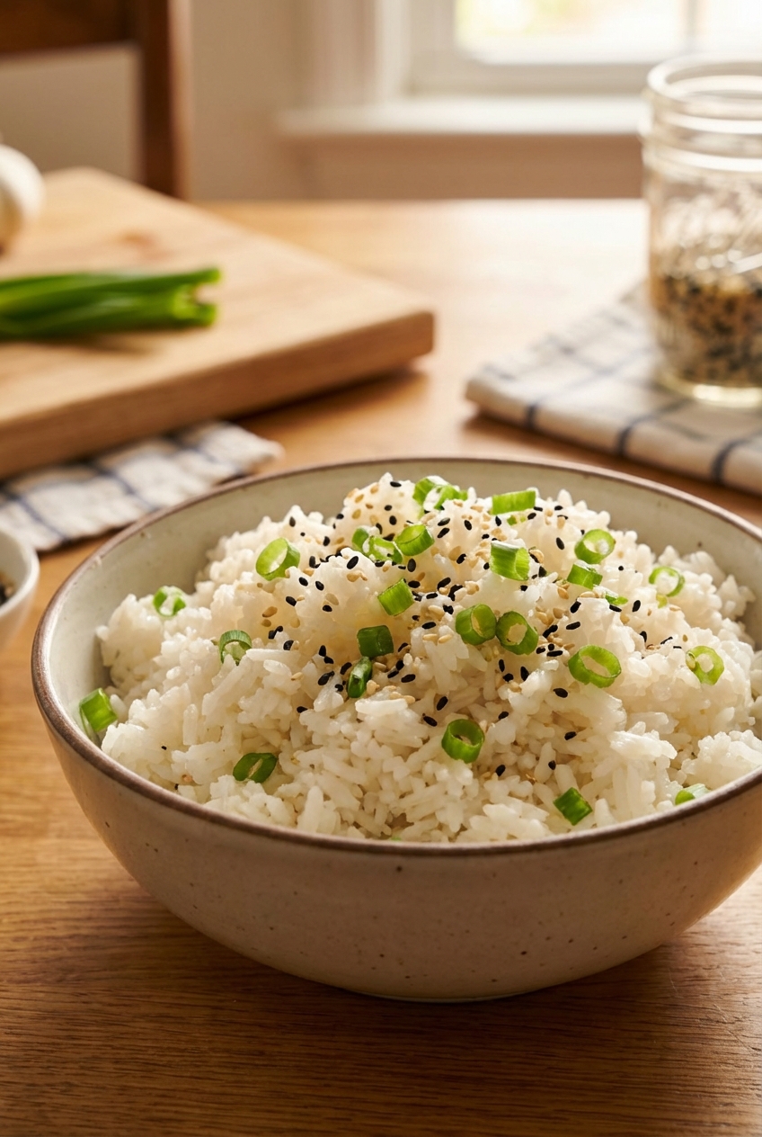 A bowl of steamed jasmine rice topped with sliced scallions and sesame seeds on a kitchen table