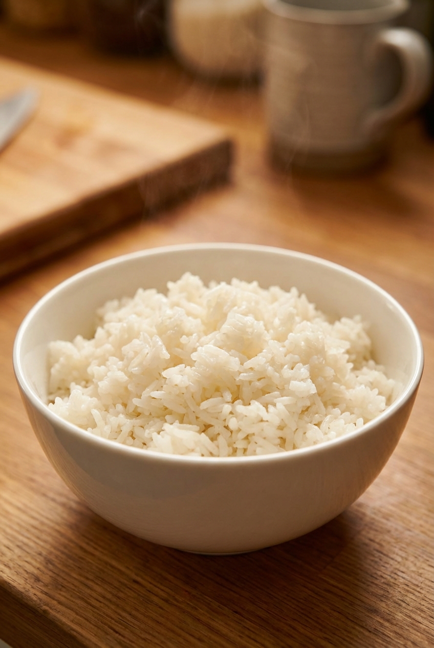 A bowl of steamed jasmine rice with fluffy grains in a white ceramic bowl