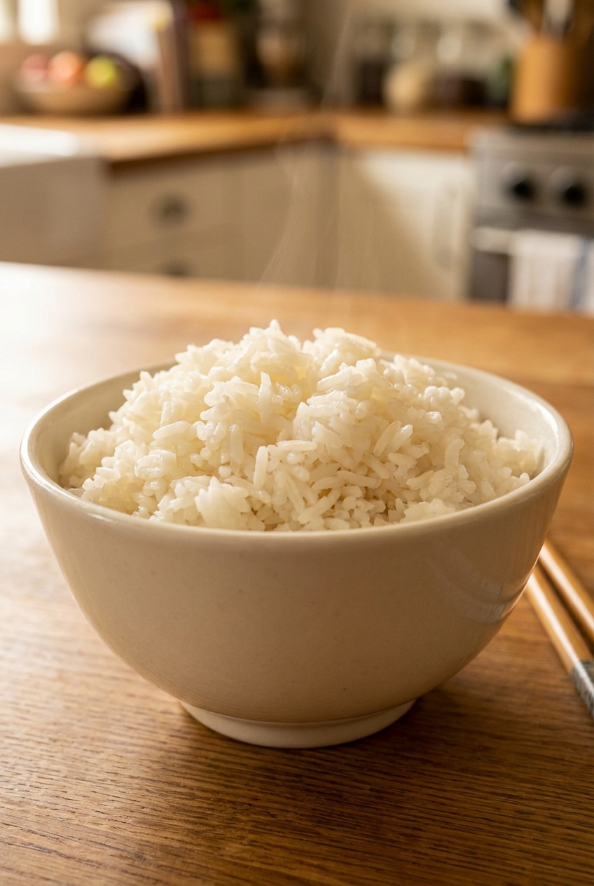 A bowl of steamed jasmine rice with fluffy grains
