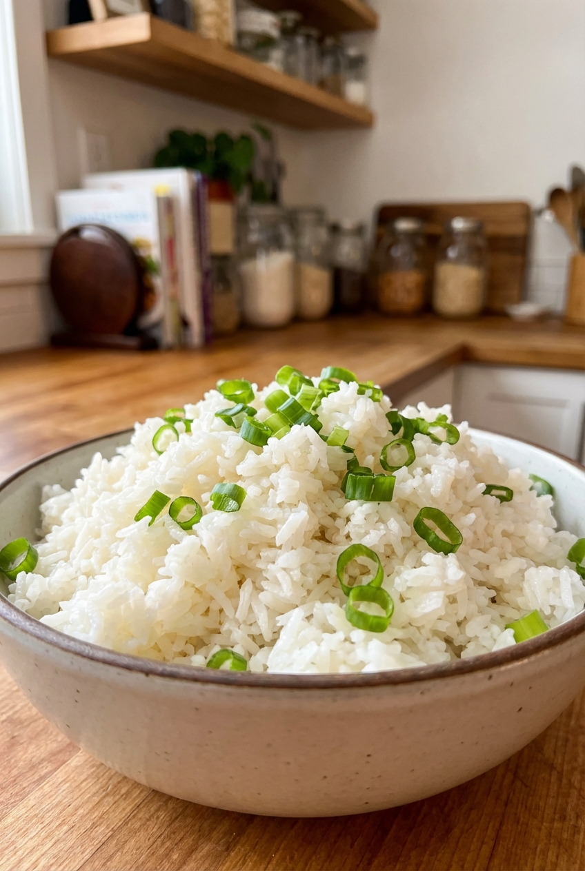 A bowl of steamed jasmine rice with scallions