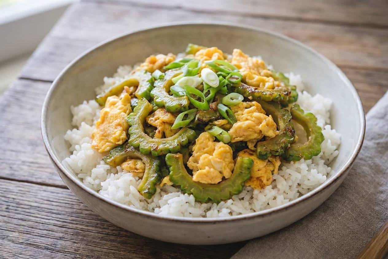 A bowl of steamed rice topped with bitter melon stir-fry and scrambled egg, garnished with sliced scallions on a wooden table