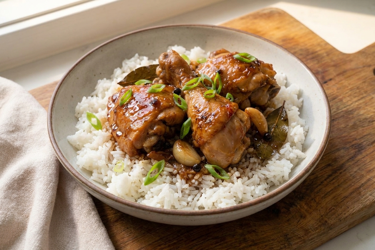 A bowl of steamed rice topped with chicken adobo and glossy sauce, garnished with sliced scallions on a wooden table setting
