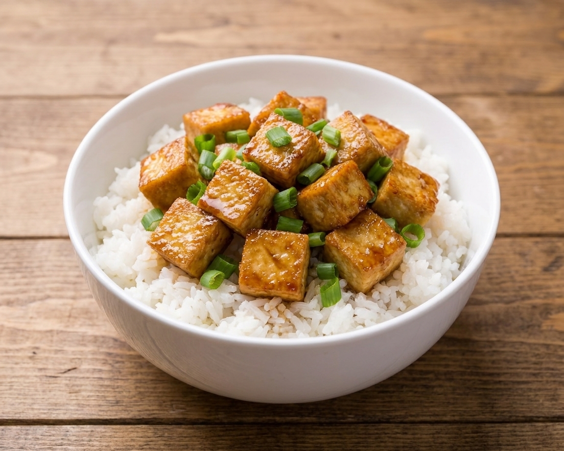 A bowl of steamed rice topped with crispy glazed tofu and green onions on a simple wooden table