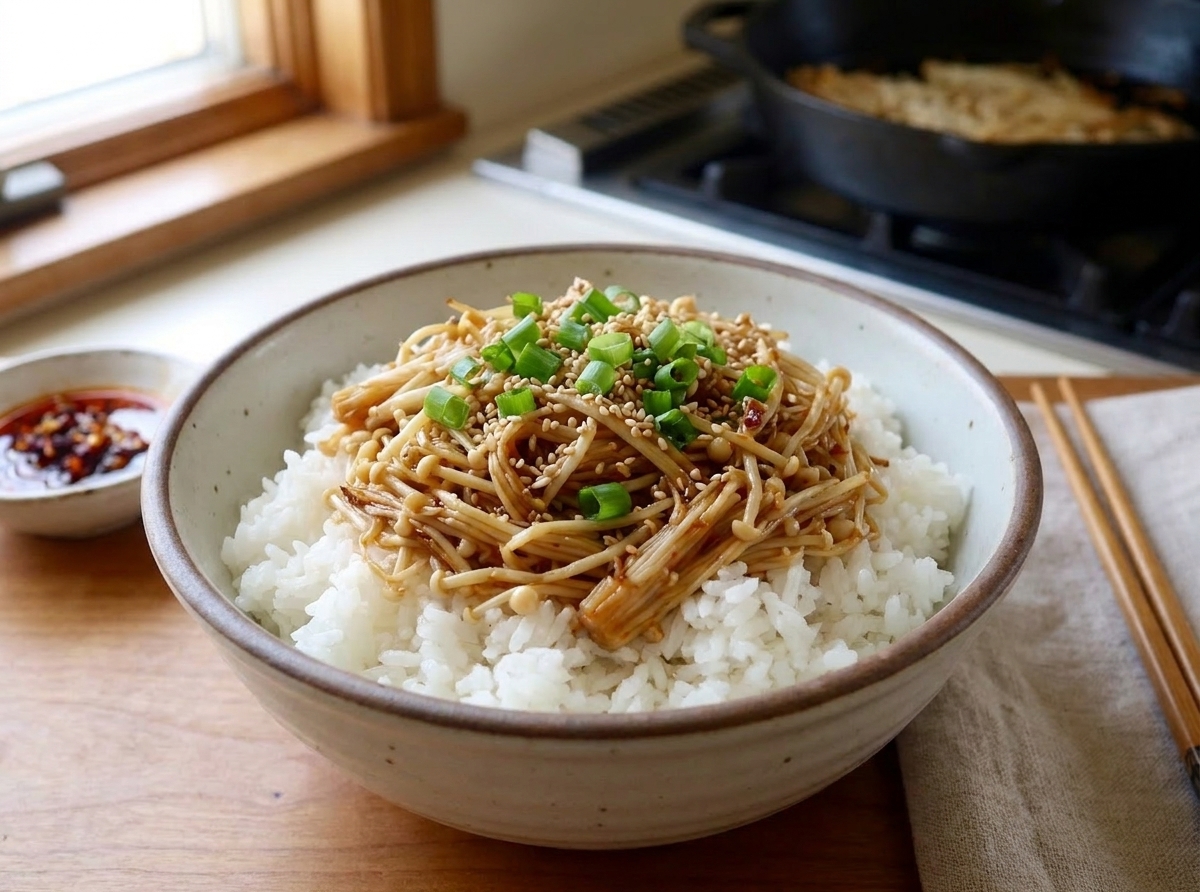 A bowl of steamed rice topped with spicy garlic enoki mushrooms, scallions, and sesame seeds on a simple table setting