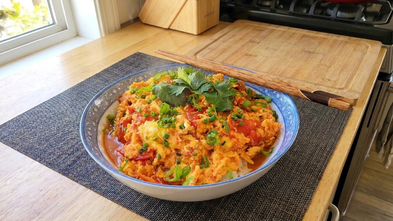 A bowl of steamed rice topped with stir-fried tomato and egg, sauce pooling slightly around the rice in warm kitchen lighting