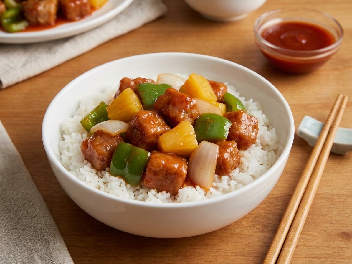A bowl of steamed rice topped with sweet and sour pork, peppers, onion, and pineapple on a dinner table with chopsticks nearby
