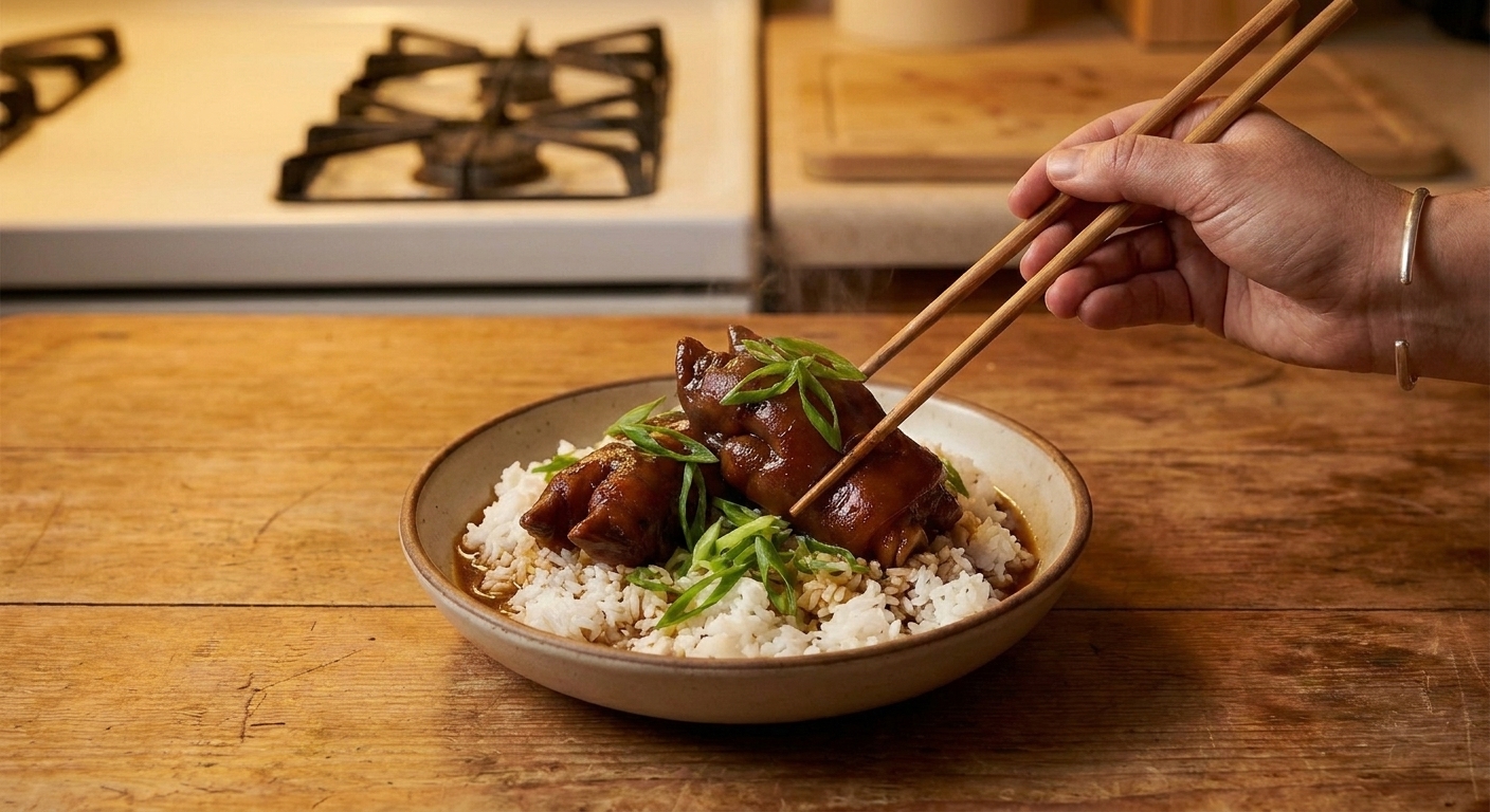 A bowl of steamed white rice topped with braised pig feet and glossy broth, garnished with sliced scallions on a wooden table