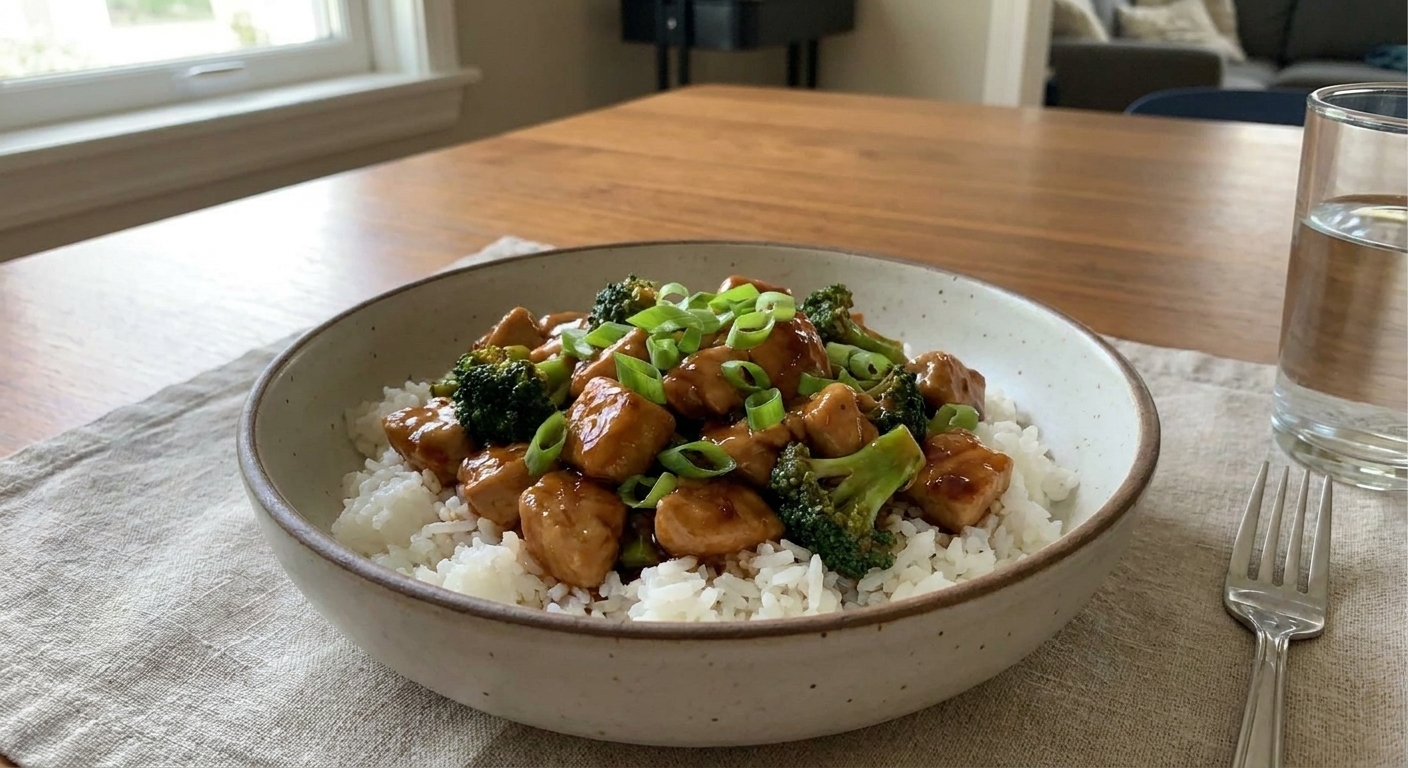 A bowl of steamed white rice topped with glossy chicken and broccoli stir-fry, garnished with sliced scallions on a simple dinner table setting