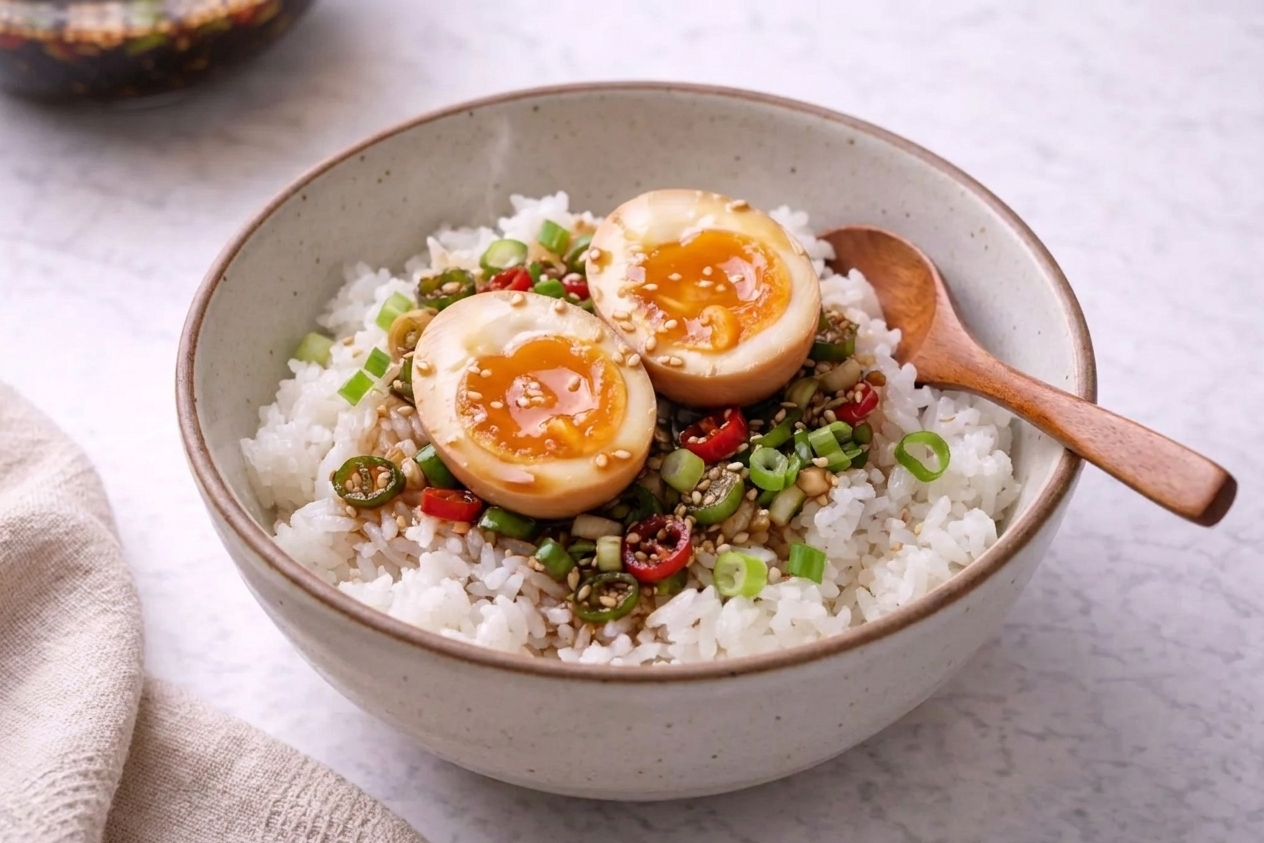 A bowl of steamed white rice topped with halved marinated eggs with jammy yolks, spooned soy marinade, and scattered scallions on a simple table setting