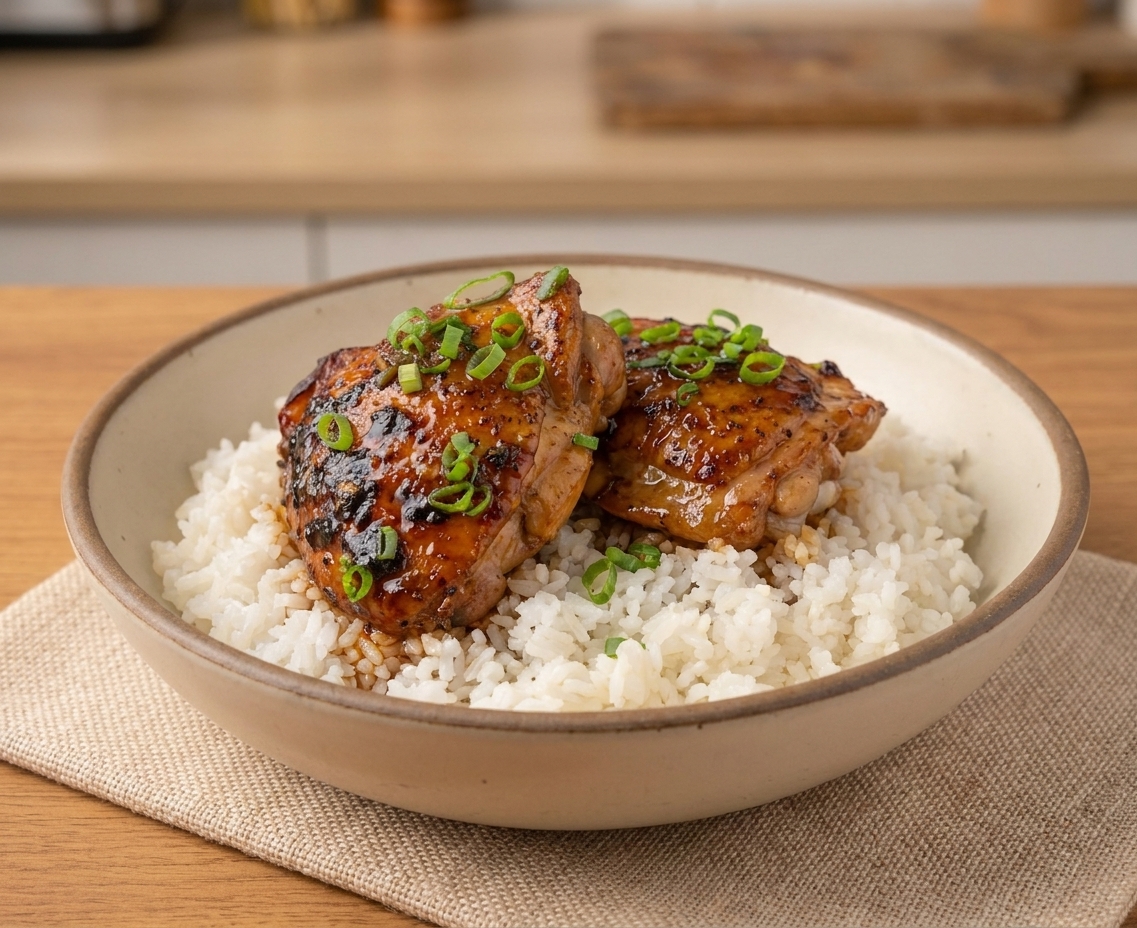 A bowl of steamed white rice topped with shoyu chicken and glossy sauce, garnished with sliced green onions on a simple kitchen table