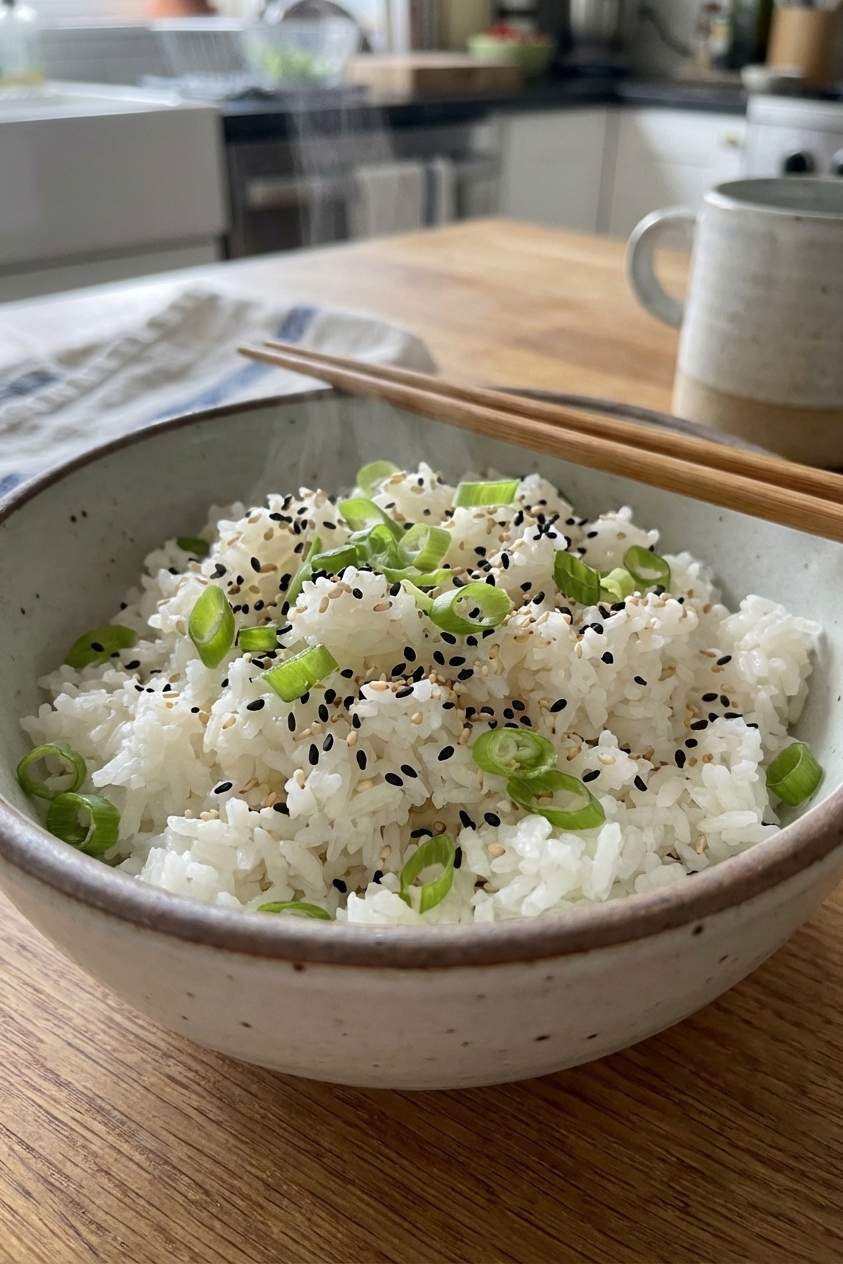 A bowl of steamed white rice with sesame seeds and sliced scallions