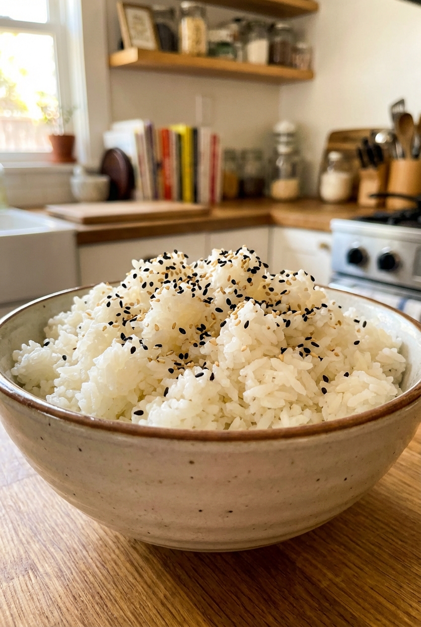 A bowl of steamed white rice with sesame seeds