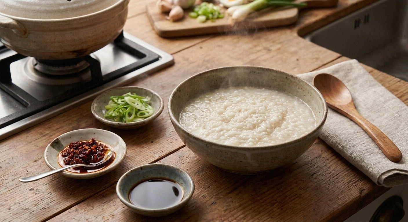 A bowl of steaming rice porridge on a wooden counter with small bowls of toppings nearby, including sliced scallions, chili crisp, and soy sauce