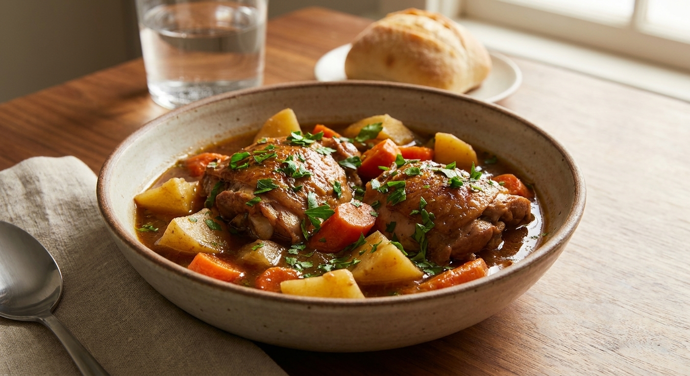 A bowl of stewed chicken with potatoes and carrots in a rich broth, garnished with parsley on a dinner table