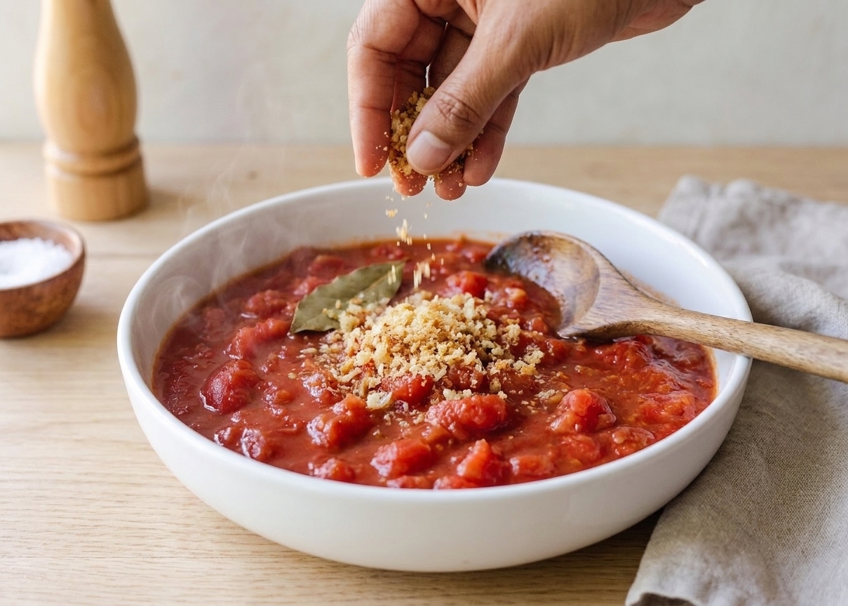 A bowl of stewed tomatoes being finished with a sprinkle of toasted breadcrumbs at a kitchen table