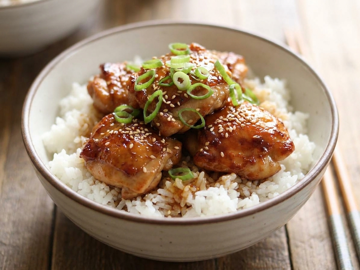 A bowl of sticky ginger chicken served over white rice, topped with sliced green onions and sesame seeds on a dinner table
