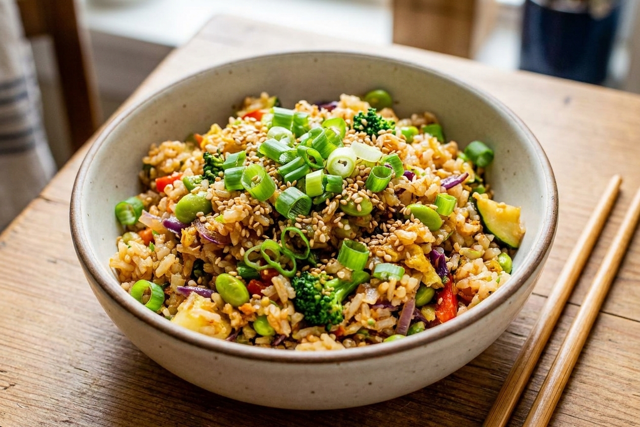 A bowl of stir-fried rice topped with scallions and sesame seeds on a simple dinner table setting with chopsticks