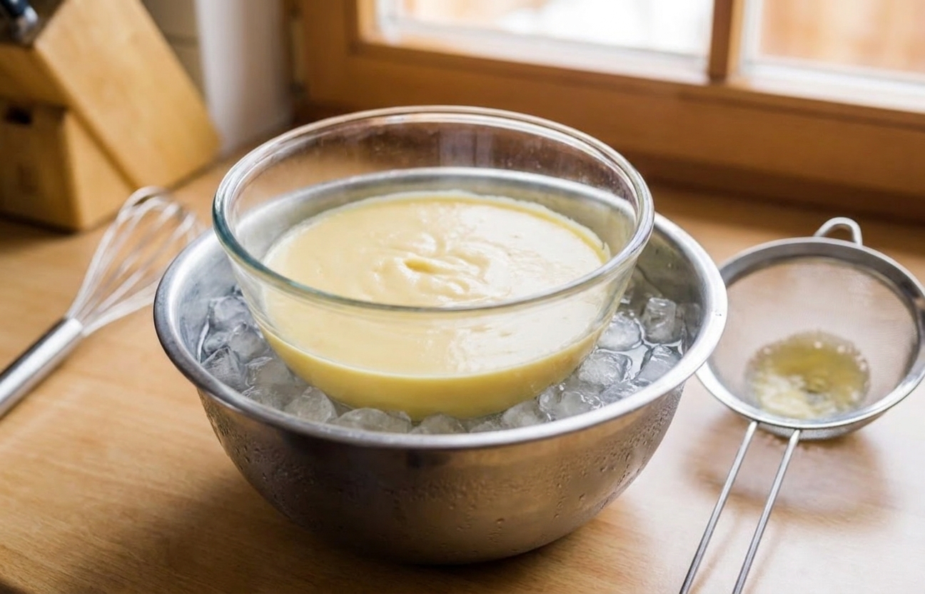 A bowl of strained crème anglaise set in a larger bowl of ice water to cool quickly on a kitchen counter