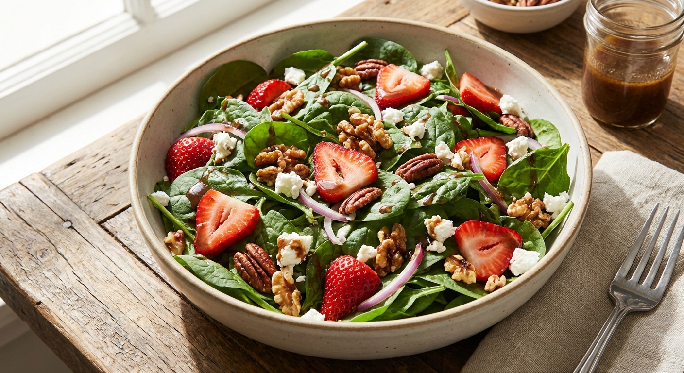 A bowl of strawberry spinach salad with fresh strawberries and toasted nuts