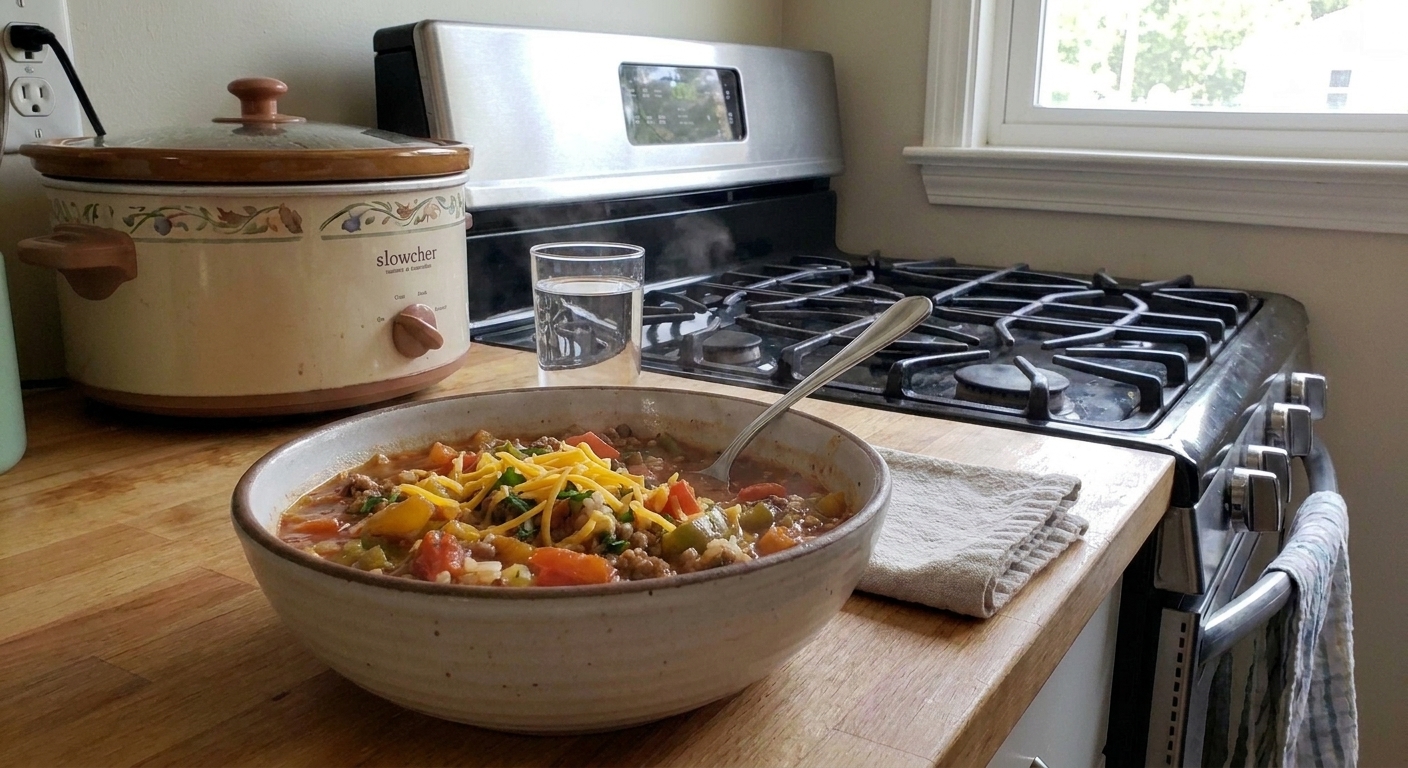 A bowl of stuffed bell pepper soup topped with shredded cheddar and chopped parsley on a simple table setting