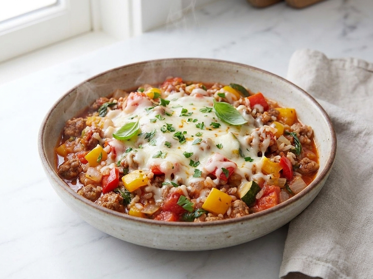 A bowl of stuffed pepper filling served hot with melted cheese and chopped parsley on top on a dining table