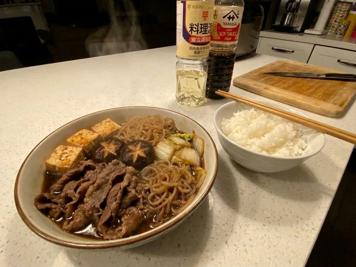 A bowl of sukiyaki with beef, tofu, mushrooms, and noodles served next to a bowl of steamed rice on a wooden table with chopsticks