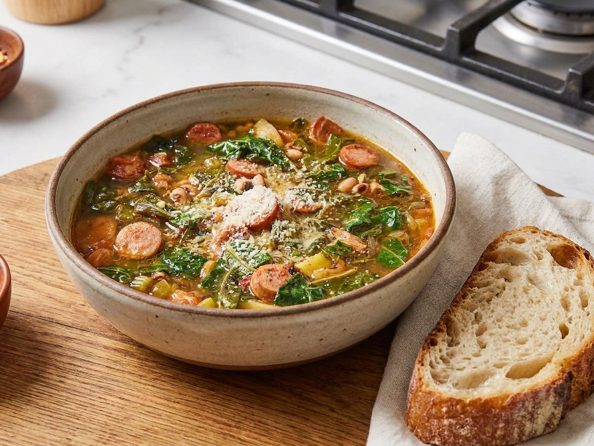 A bowl of swamp soup topped with grated Parmesan served on a wooden table with a slice of crusty bread and a folded napkin