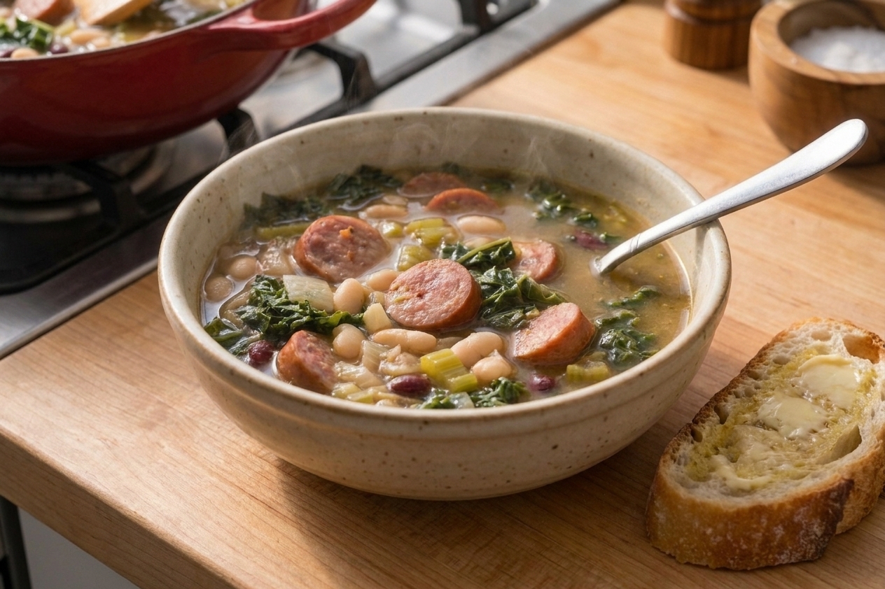 A bowl of swamp soup with sausage, beans, and greens, served with a spoon and a slice of crusty bread nearby