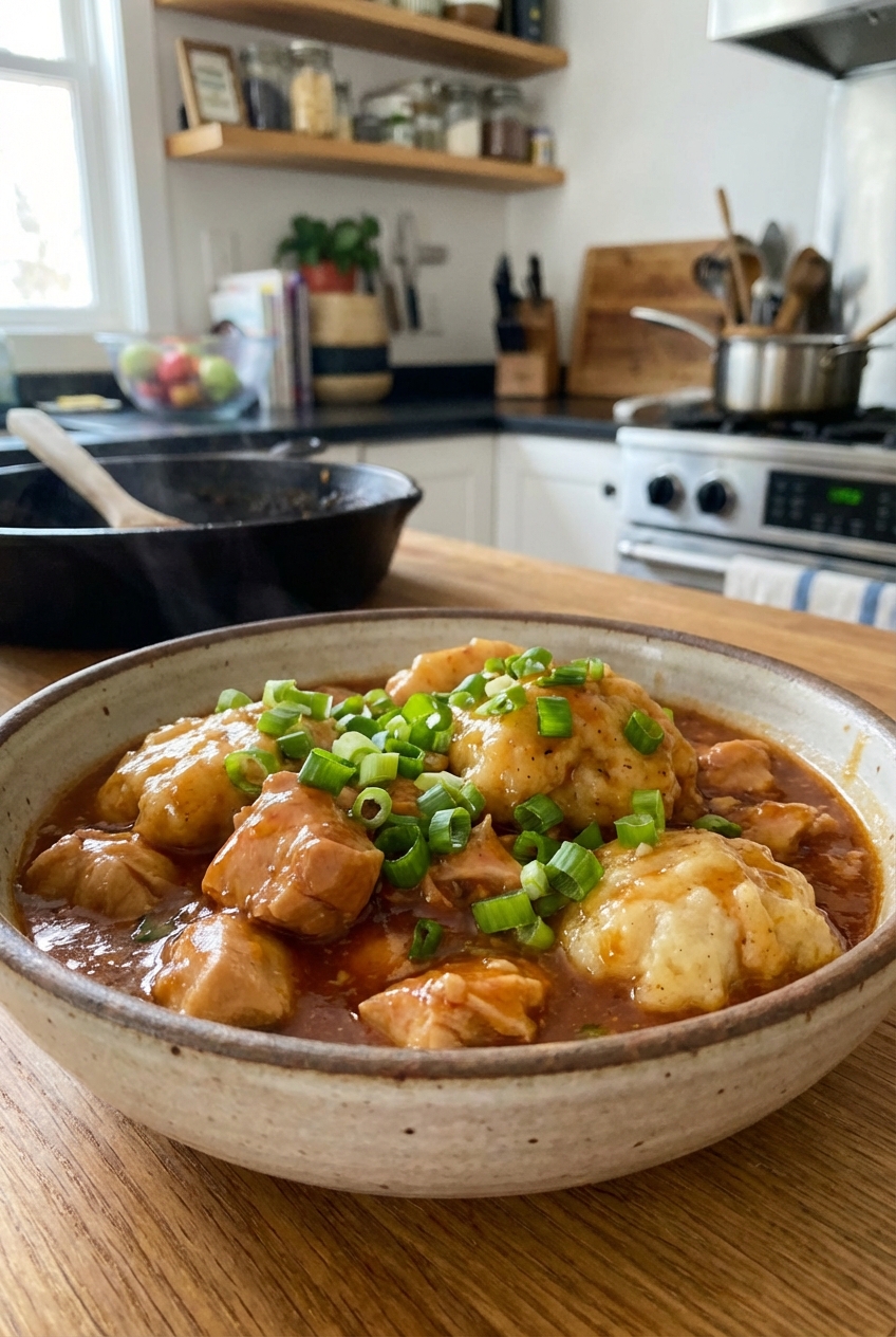 A bowl of sweet and spicy chicken and dumplings with chopped scallions on top