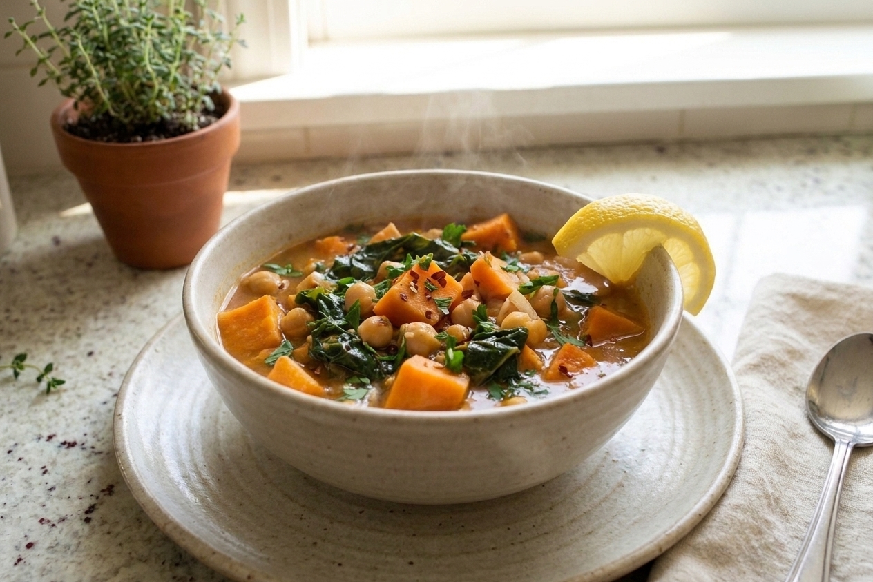 A bowl of sweet potato chickpea stew with wilted greens and chopped herbs on top, set on a simple dinner table