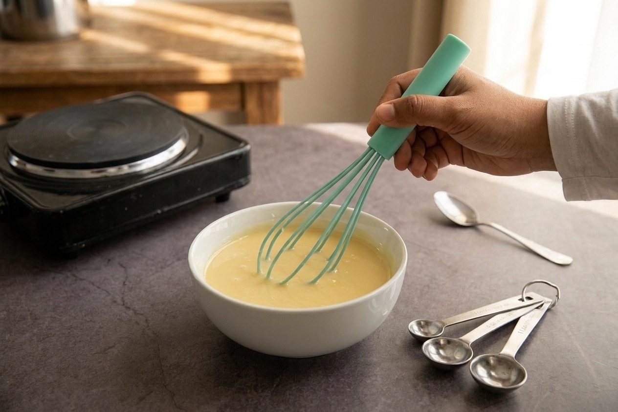 A bowl of sweetened condensed milk with a whisk and measuring spoons on a kitchen counter, ingredients ready to mix