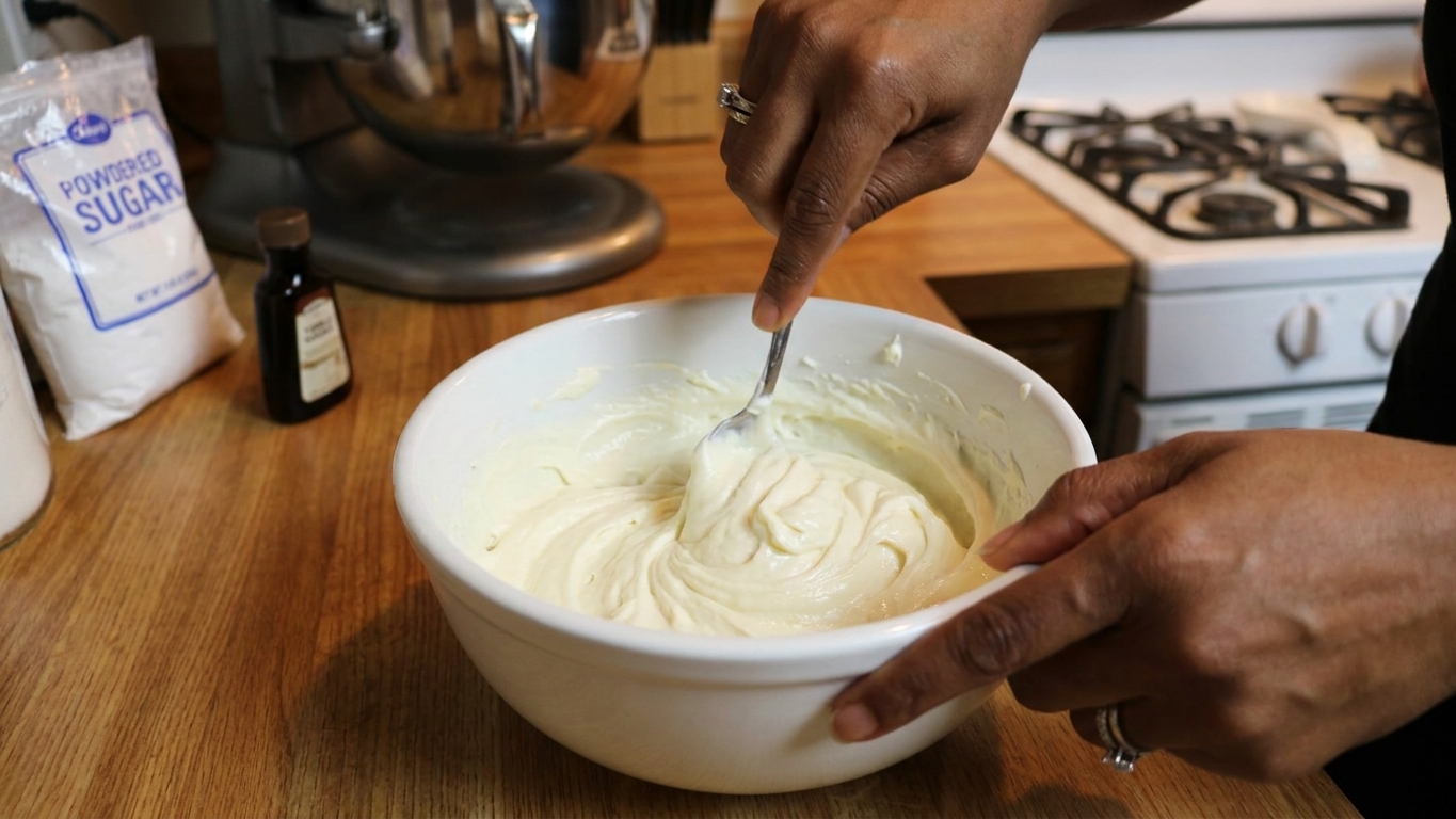 A bowl of sweetened cream cheese filling being mixed with a spoon on a kitchen counter