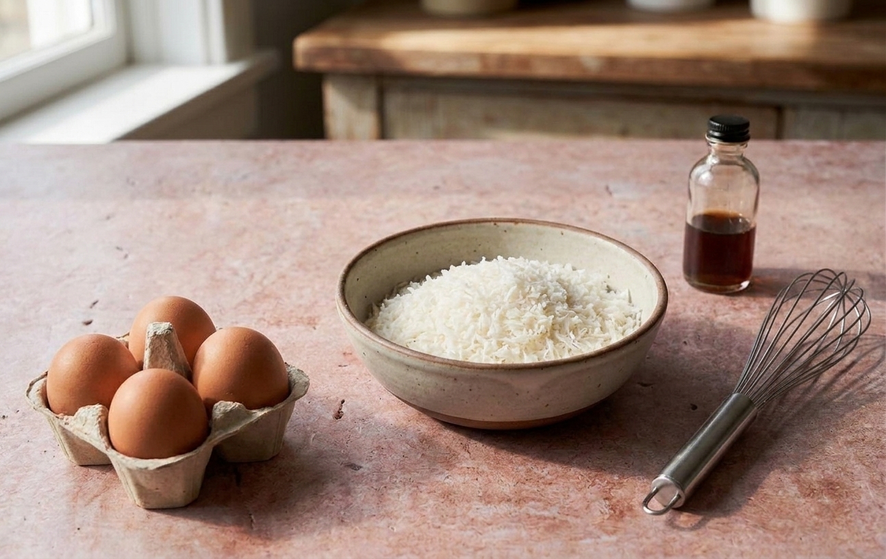 A bowl of sweetened shredded coconut next to eggs, vanilla, and a whisk on a clean kitchen counter, ready to be mixed into a custard filling