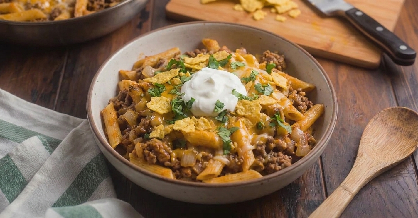 A bowl of taco pasta topped with sour cream, cilantro, and crushed tortilla chips on a dinner table