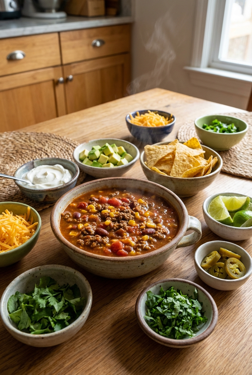 A bowl of taco soup surrounded by small dishes of toppings like sour cream, diced avocado, tortilla chips, and chopped cilantro