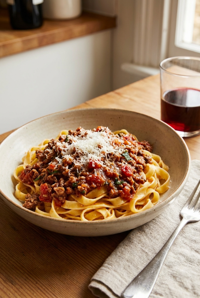 A bowl of tagliatelle pasta topped with bolognese sauce and grated parmesan