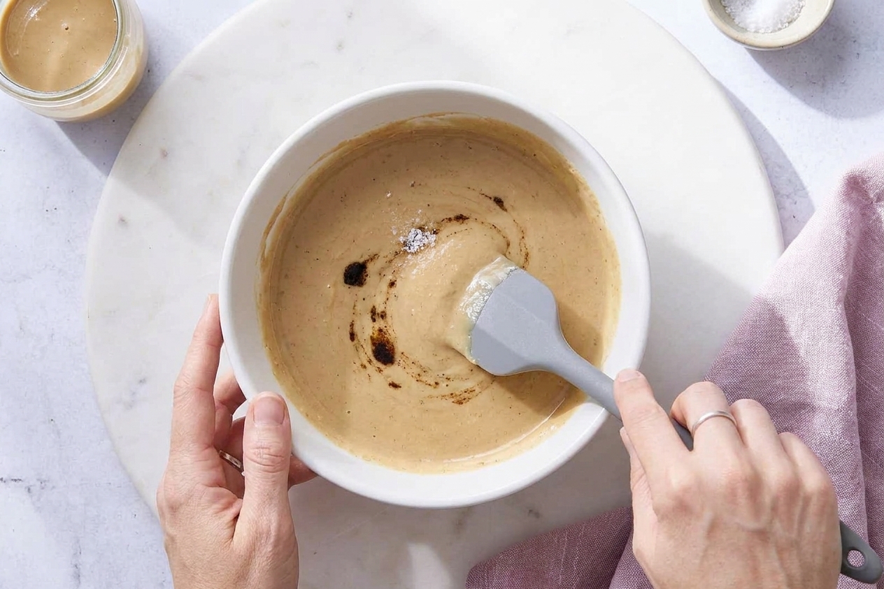 A bowl of tahini with vanilla and salt added, being stirred with a rubber spatula on a kitchen counter