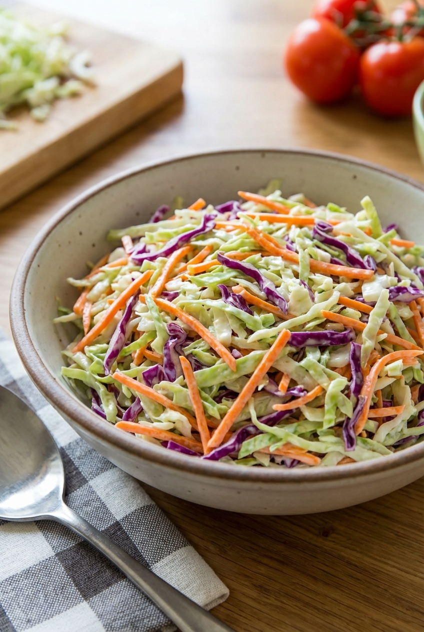 A bowl of tangy coleslaw with shredded cabbage and carrots