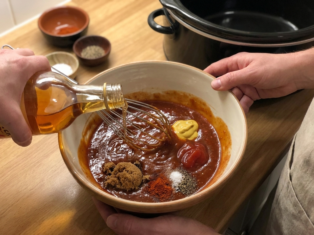 A bowl of tangy sauce being whisked with vinegar, mustard, ketchup, and seasonings on a kitchen counter